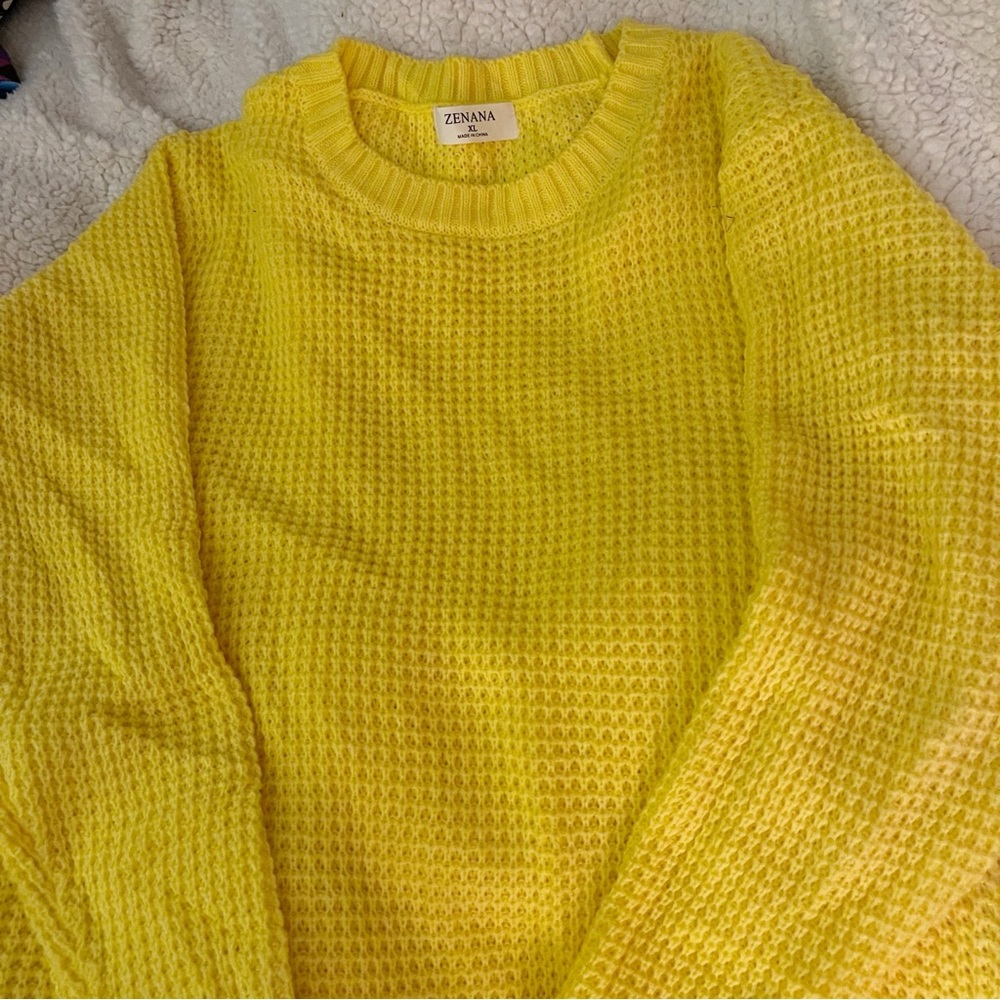 Zenana Outfitters Bright Yellow Waffle Crewneck Sweater